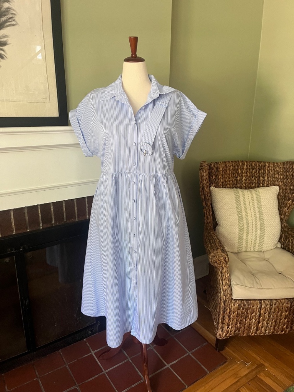 Blue & White Stripe Cotton Shirtdress | Belted | 100% Cotton - Picture 4 of 10